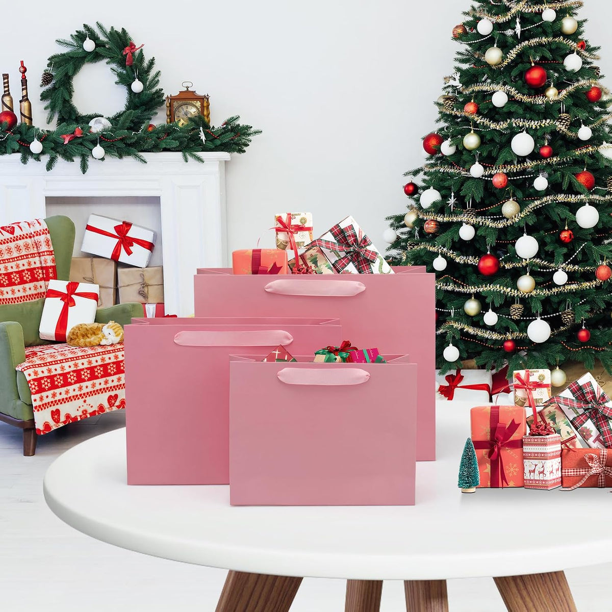 Pink Gift Bags Bundle in Different Sizes(4 Small 8.7'', 4 Medium 10.6'', 4 Large 12.6'') Gift Bags with Tissue Paper, Pink Kraft Paper Bags for Wedding, Graduations, Birthdays, Shopping (12)