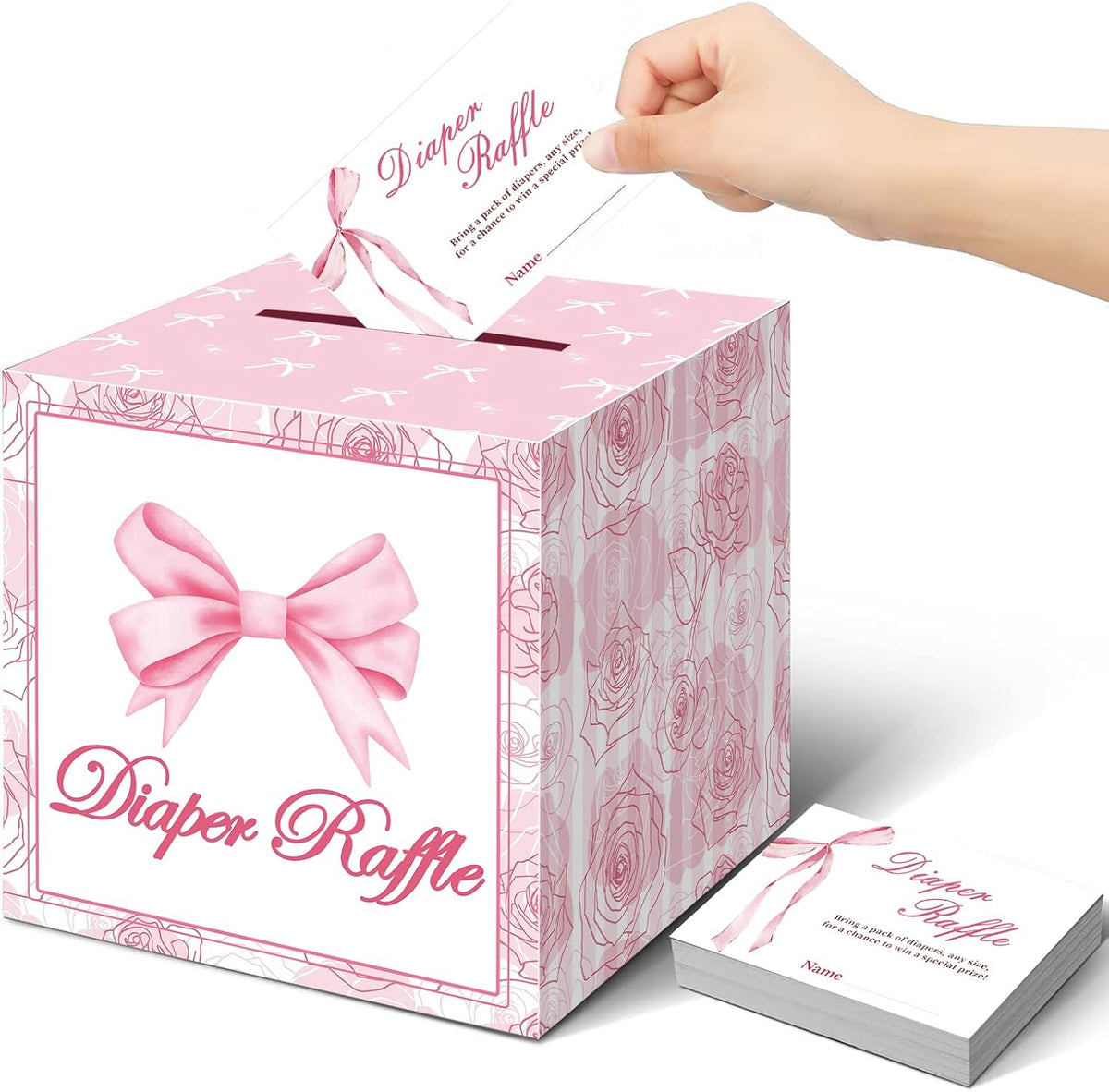 51Pcs Diaper Raffle Box and Diaper Raffle Tickets, Pink Bow Baby Shower Decorations for Girl，Hilarious Baby Shower Games for Girl