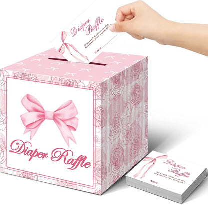 51Pcs Diaper Raffle Box and Diaper Raffle Tickets, Pink Bow Baby Shower Decorations for Girl，Hilarious Baby Shower Games for Girl
