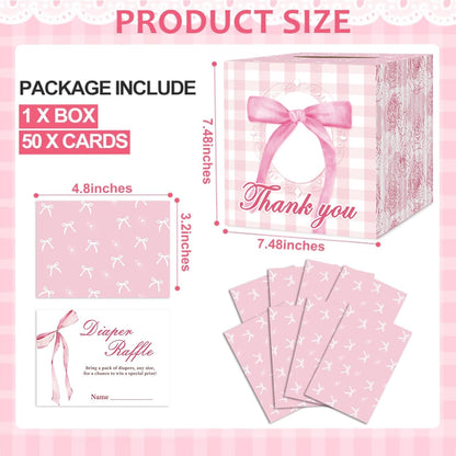 51Pcs Diaper Raffle Box and Diaper Raffle Tickets, Pink Bow Baby Shower Decorations for Girl，Hilarious Baby Shower Games for Girl