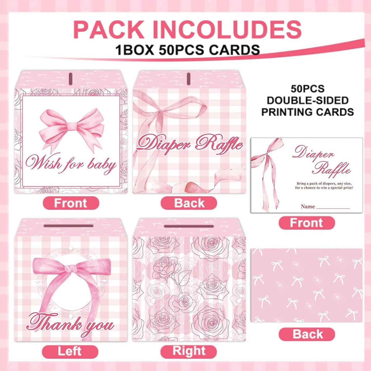 51Pcs Diaper Raffle Box and Diaper Raffle Tickets, Pink Bow Baby Shower Decorations for Girl，Hilarious Baby Shower Games for Girl