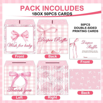 51Pcs Diaper Raffle Box and Diaper Raffle Tickets, Pink Bow Baby Shower Decorations for Girl，Hilarious Baby Shower Games for Girl
