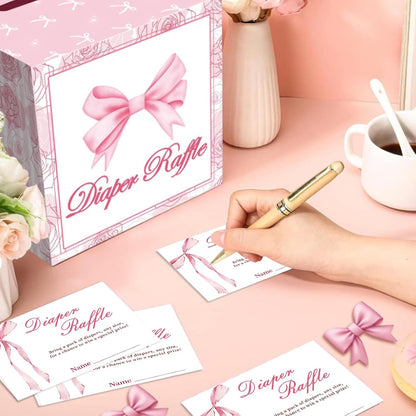 51Pcs Diaper Raffle Box and Diaper Raffle Tickets, Pink Bow Baby Shower Decorations for Girl，Hilarious Baby Shower Games for Girl