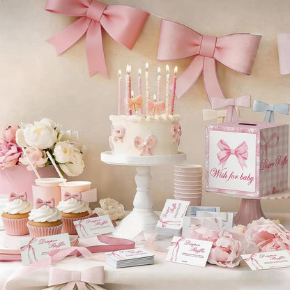 51Pcs Diaper Raffle Box and Diaper Raffle Tickets, Pink Bow Baby Shower Decorations for Girl，Hilarious Baby Shower Games for Girl