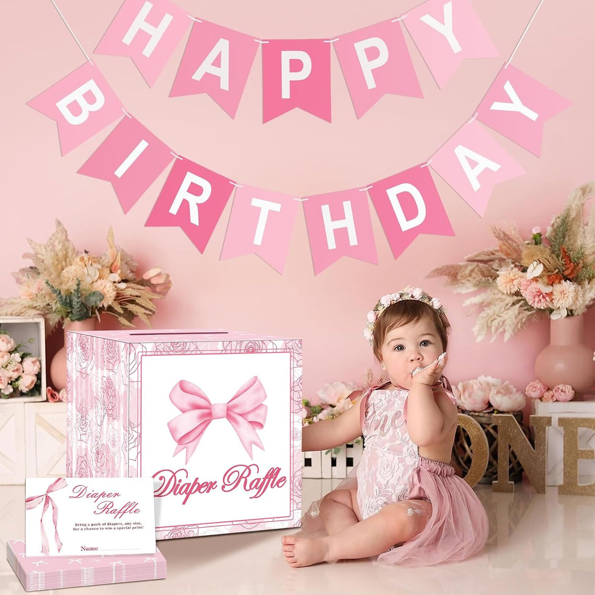 51Pcs Diaper Raffle Box and Diaper Raffle Tickets, Pink Bow Baby Shower Decorations for Girl，Hilarious Baby Shower Games for Girl