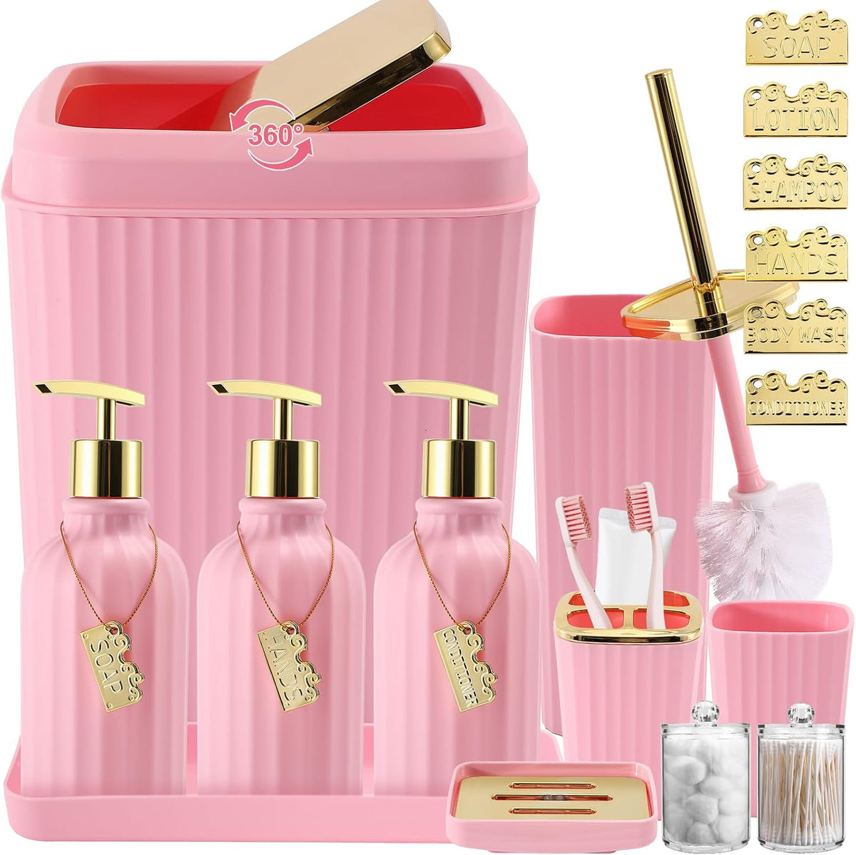 17 Pcs Pink Bathroom Accessories Set with Trash Can and Toilet Brush, 3 Pcs Soap Dispenser, Qtip Holder - Modern Cute Pink Bathroom Decor Set for Master & Girls Bathroom