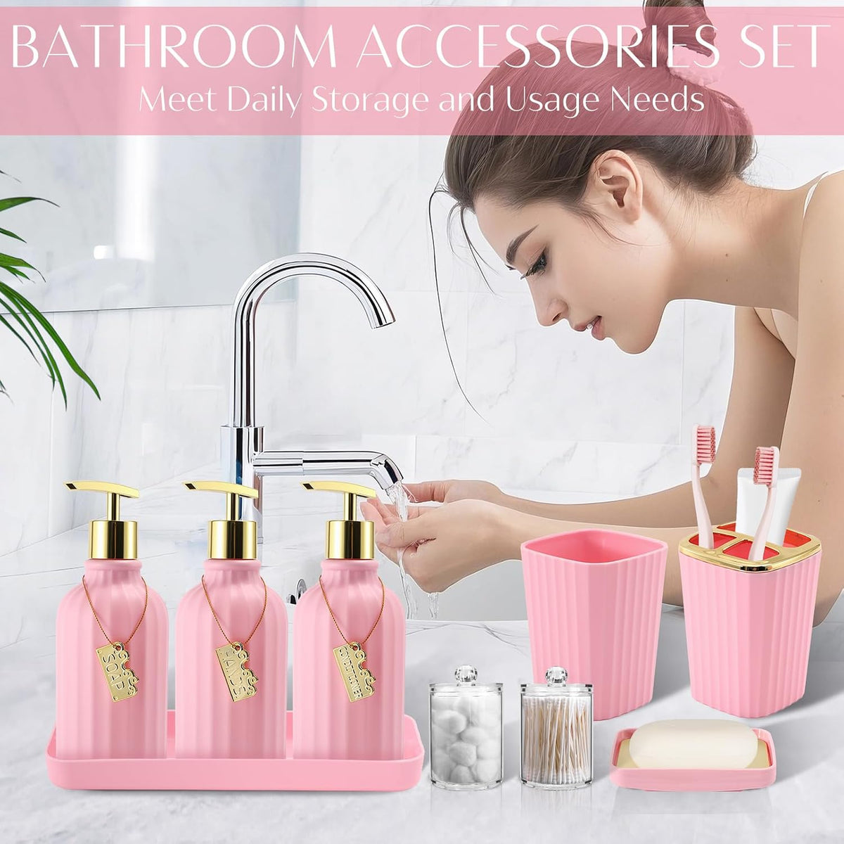 17 Pcs Pink Bathroom Accessories Set with Trash Can and Toilet Brush, 3 Pcs Soap Dispenser, Qtip Holder - Modern Cute Pink Bathroom Decor Set for Master & Girls Bathroom