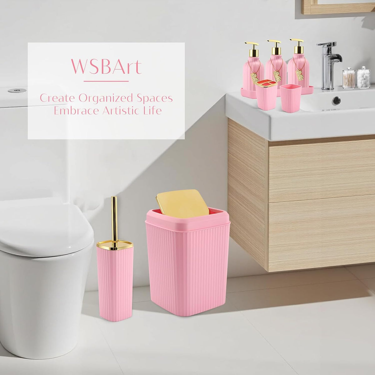 17 Pcs Pink Bathroom Accessories Set with Trash Can and Toilet Brush, 3 Pcs Soap Dispenser, Qtip Holder - Modern Cute Pink Bathroom Decor Set for Master & Girls Bathroom
