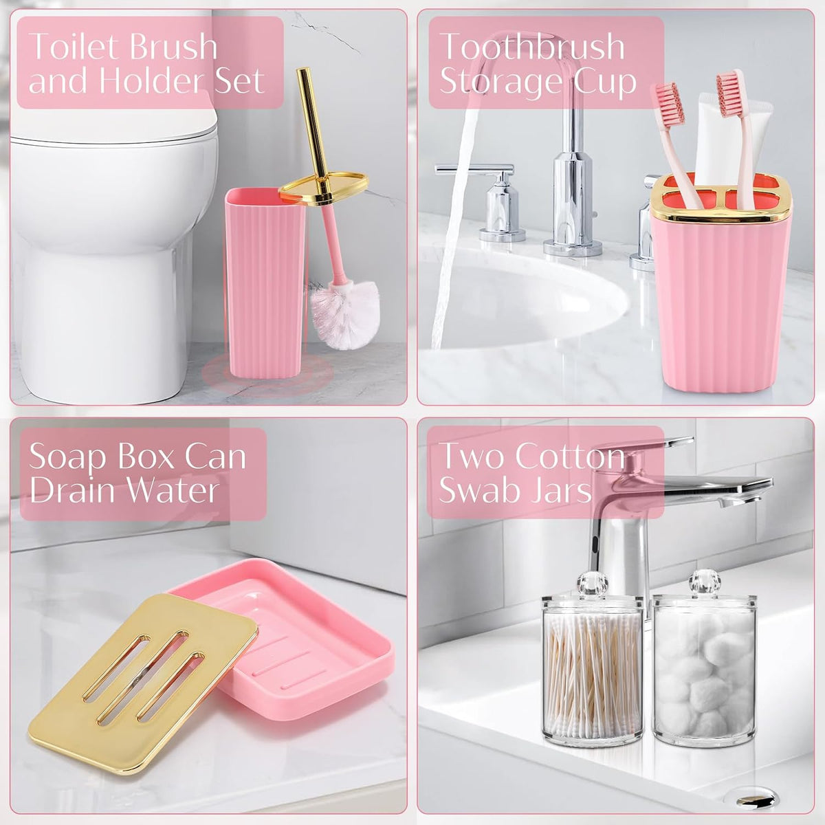 17 Pcs Pink Bathroom Accessories Set with Trash Can and Toilet Brush, 3 Pcs Soap Dispenser, Qtip Holder - Modern Cute Pink Bathroom Decor Set for Master & Girls Bathroom