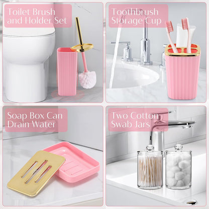 17 Pcs Pink Bathroom Accessories Set with Trash Can and Toilet Brush, 3 Pcs Soap Dispenser, Qtip Holder - Modern Cute Pink Bathroom Decor Set for Master & Girls Bathroom