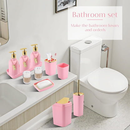 17 Pcs Pink Bathroom Accessories Set with Trash Can and Toilet Brush, 3 Pcs Soap Dispenser, Qtip Holder - Modern Cute Pink Bathroom Decor Set for Master & Girls Bathroom