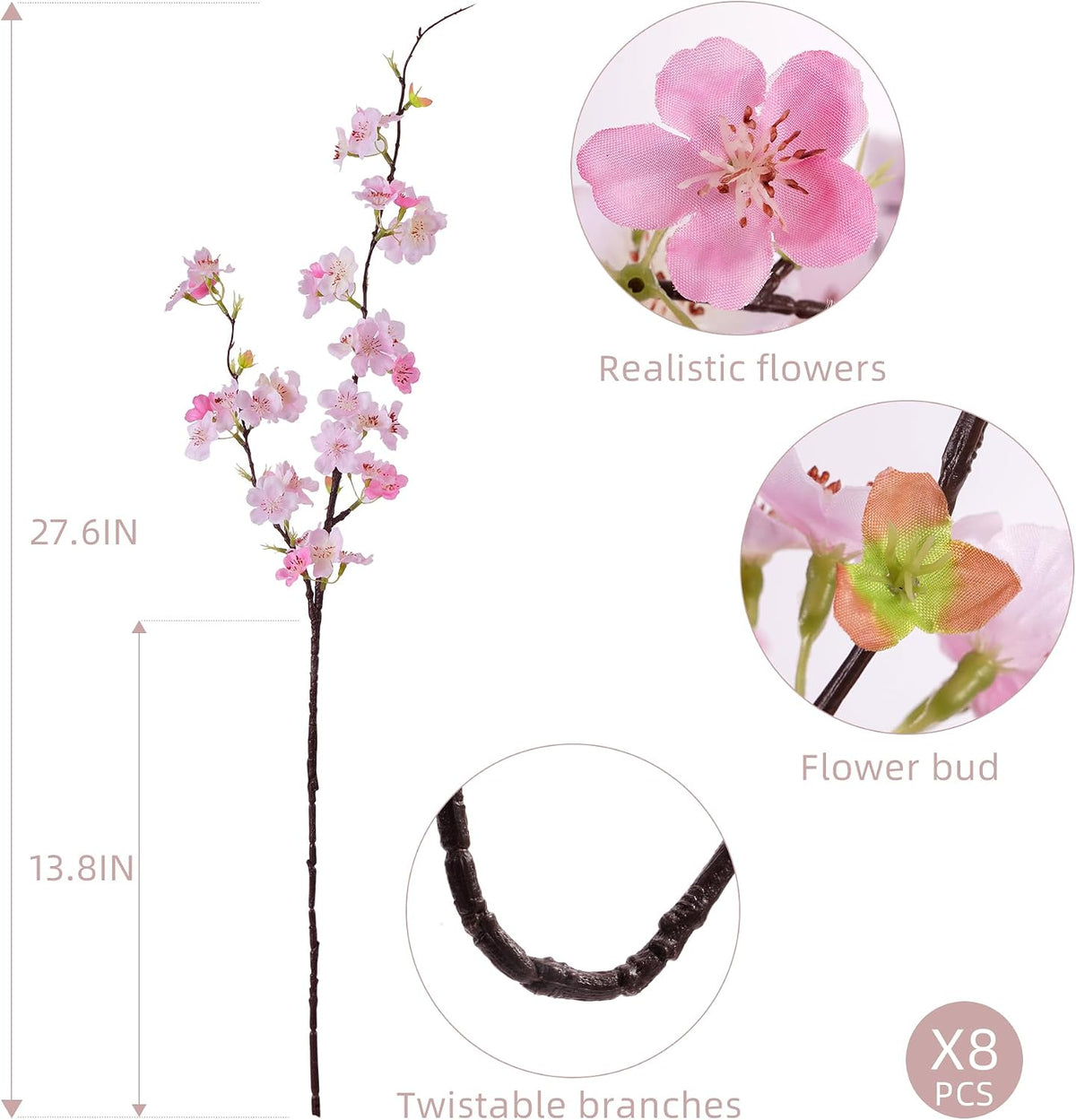 Artificial Cherry Blossom Branches 27.6In Silk Cherry Blossom Branches Long Stem Artificial Flowers for Tall Vase, for Home Decor, Weddings Decor, Parties & Festival Gifts 8PCS ，Pinkish White