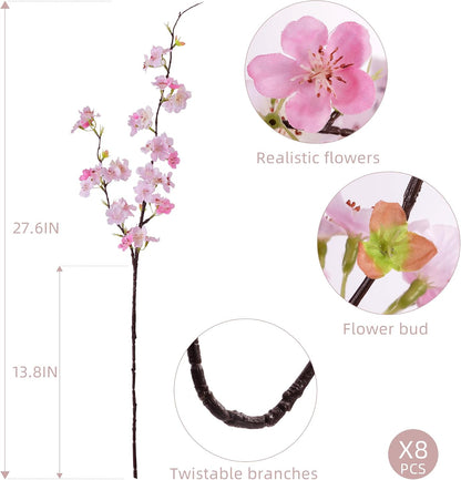 Artificial Cherry Blossom Branches 27.6In Silk Cherry Blossom Branches Long Stem Artificial Flowers for Tall Vase, for Home Decor, Weddings Decor, Parties & Festival Gifts 8PCS ，Pinkish White