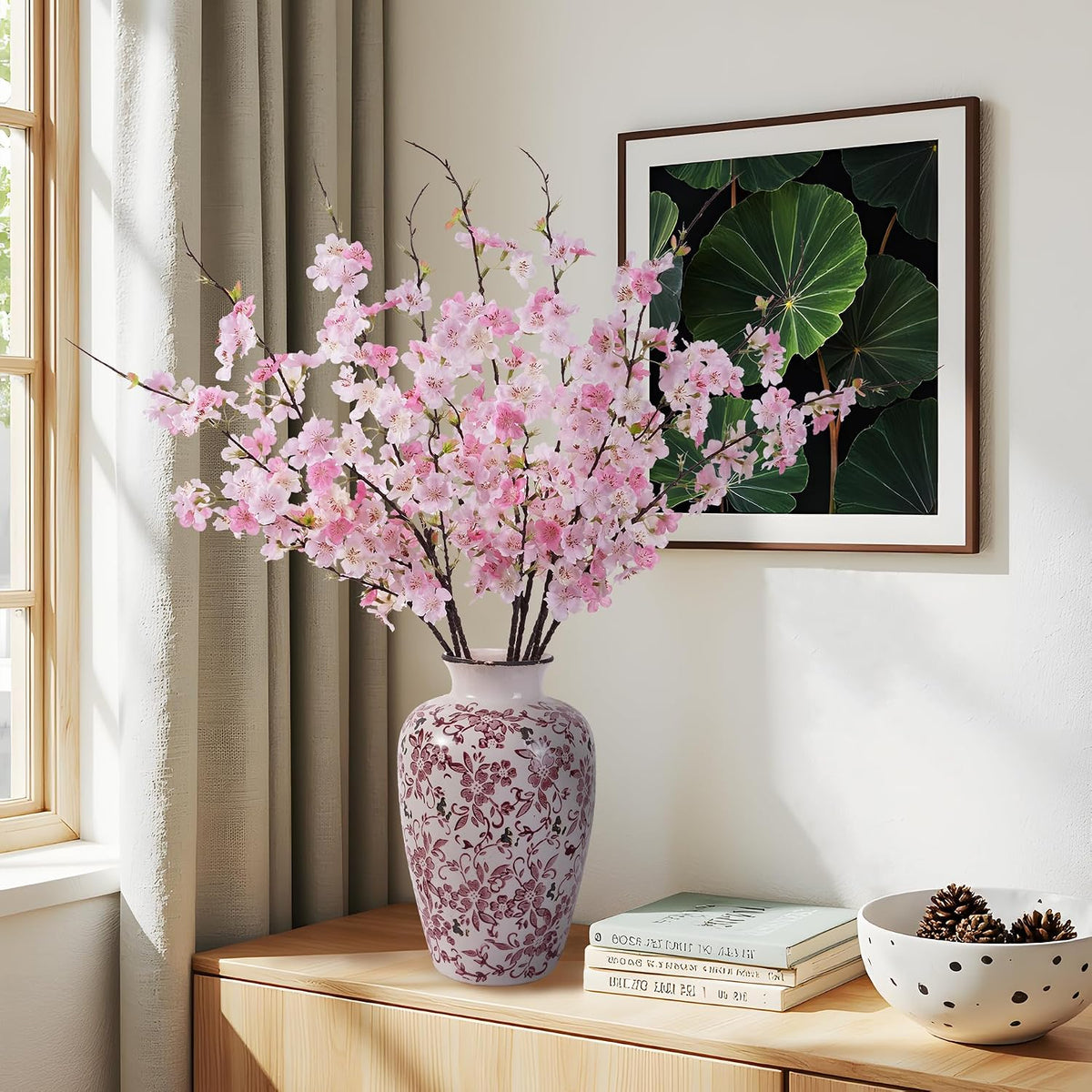Artificial Cherry Blossom Branches 27.6In Silk Cherry Blossom Branches Long Stem Artificial Flowers for Tall Vase, for Home Decor, Weddings Decor, Parties & Festival Gifts 8PCS ，Pinkish White