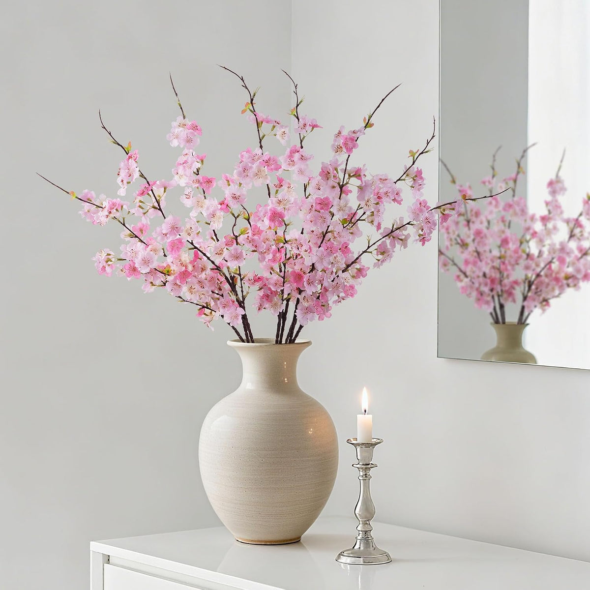 Artificial Cherry Blossom Branches 27.6In Silk Cherry Blossom Branches Long Stem Artificial Flowers for Tall Vase, for Home Decor, Weddings Decor, Parties & Festival Gifts 8PCS ，Pinkish White