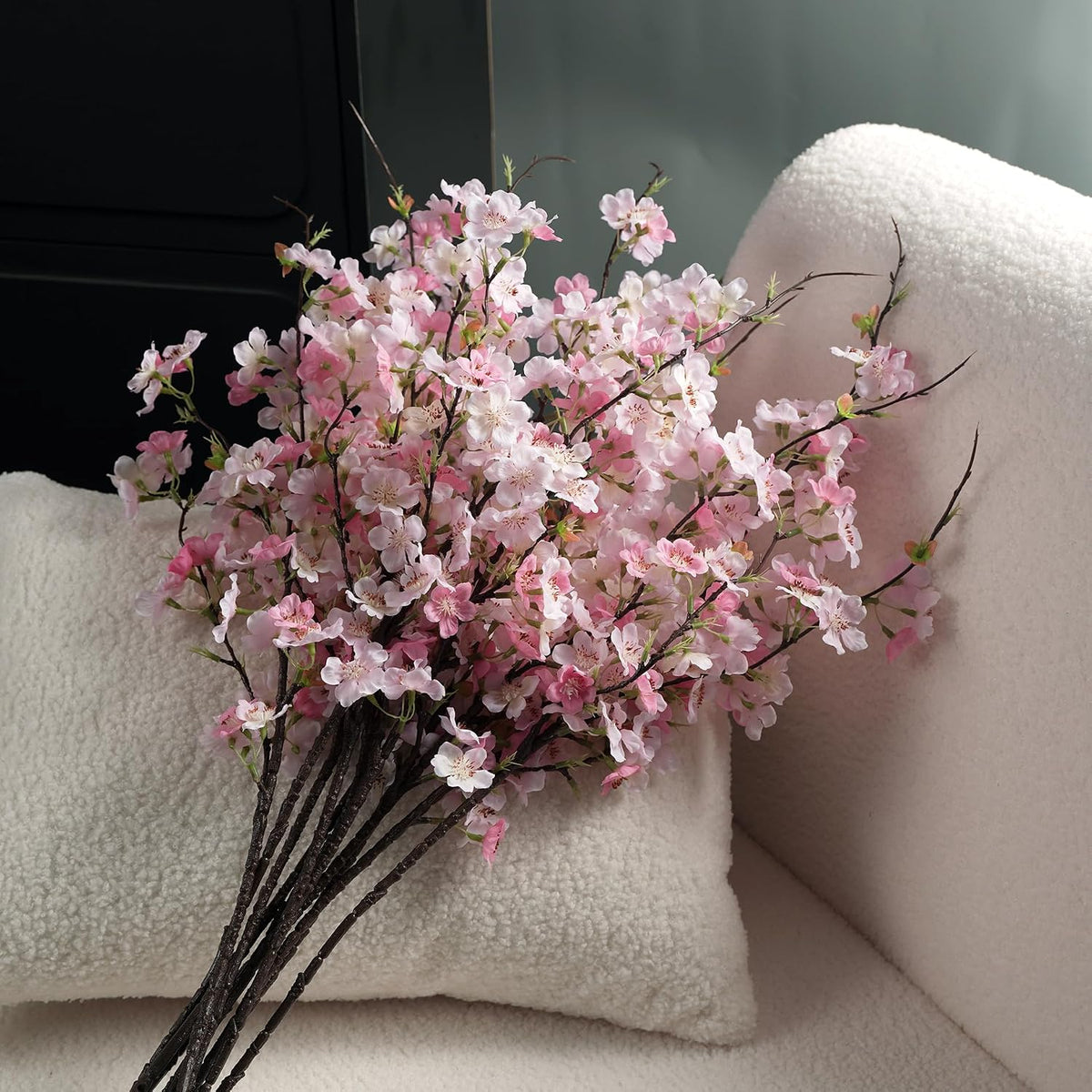 Artificial Cherry Blossom Branches 27.6In Silk Cherry Blossom Branches Long Stem Artificial Flowers for Tall Vase, for Home Decor, Weddings Decor, Parties & Festival Gifts 8PCS ，Pinkish White