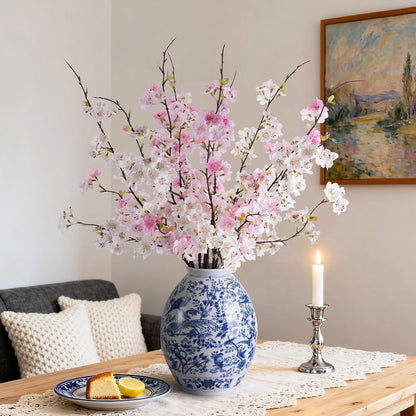 Artificial Cherry Blossom Branches 27.6In Silk Cherry Blossom Branches Long Stem Artificial Flowers for Tall Vase, for Home Decor, Weddings Decor, Parties & Festival Gifts 8PCS ，Pinkish White