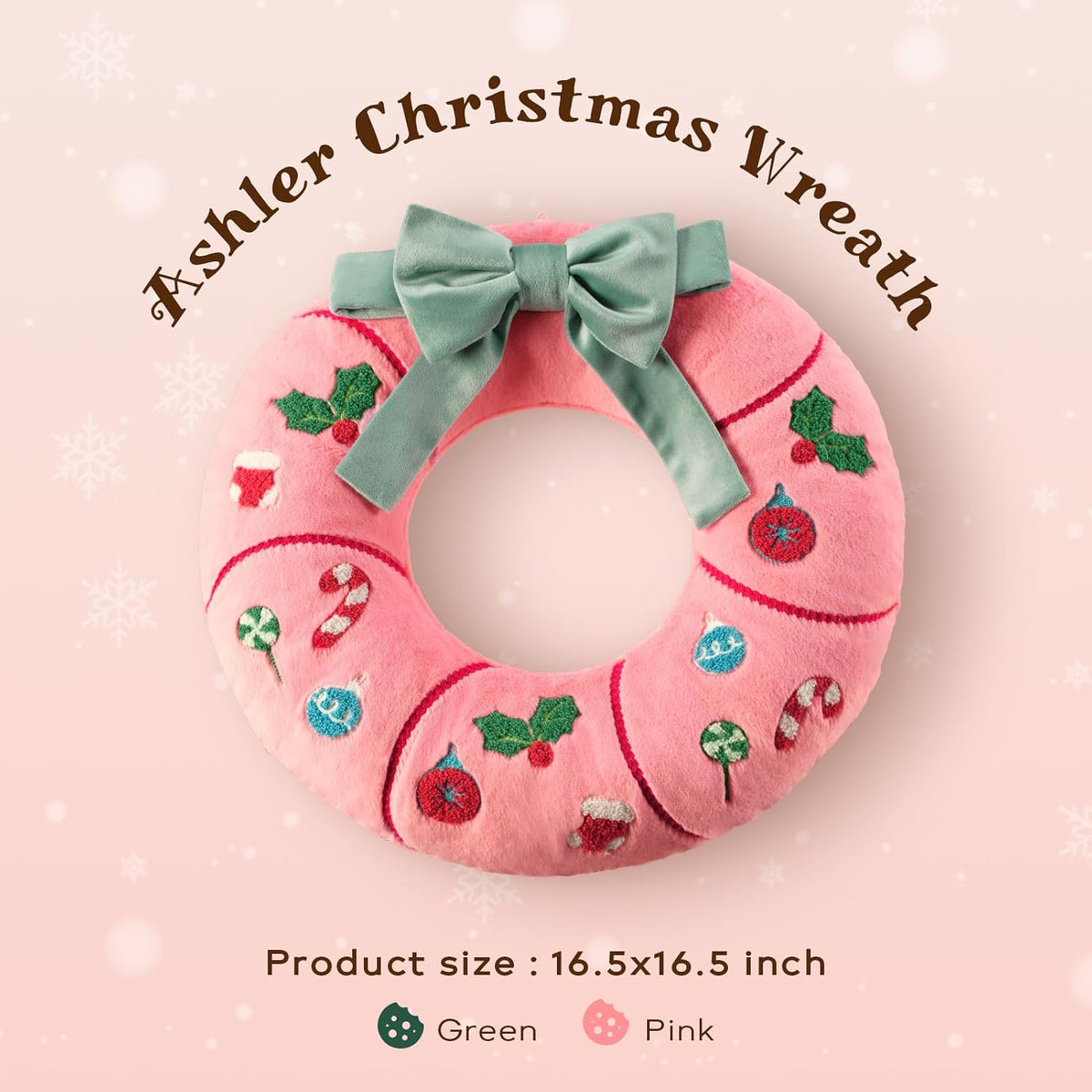 Ashler Christmas Wreath Pillow - Xmas Wreath Shaped Throw Pillow with 3D Bow, Soft Short Plush & Embroidery Patterns, Pink Decorative Cushion for Bedroom Sofa Party Decor, 16.5x16.5IN