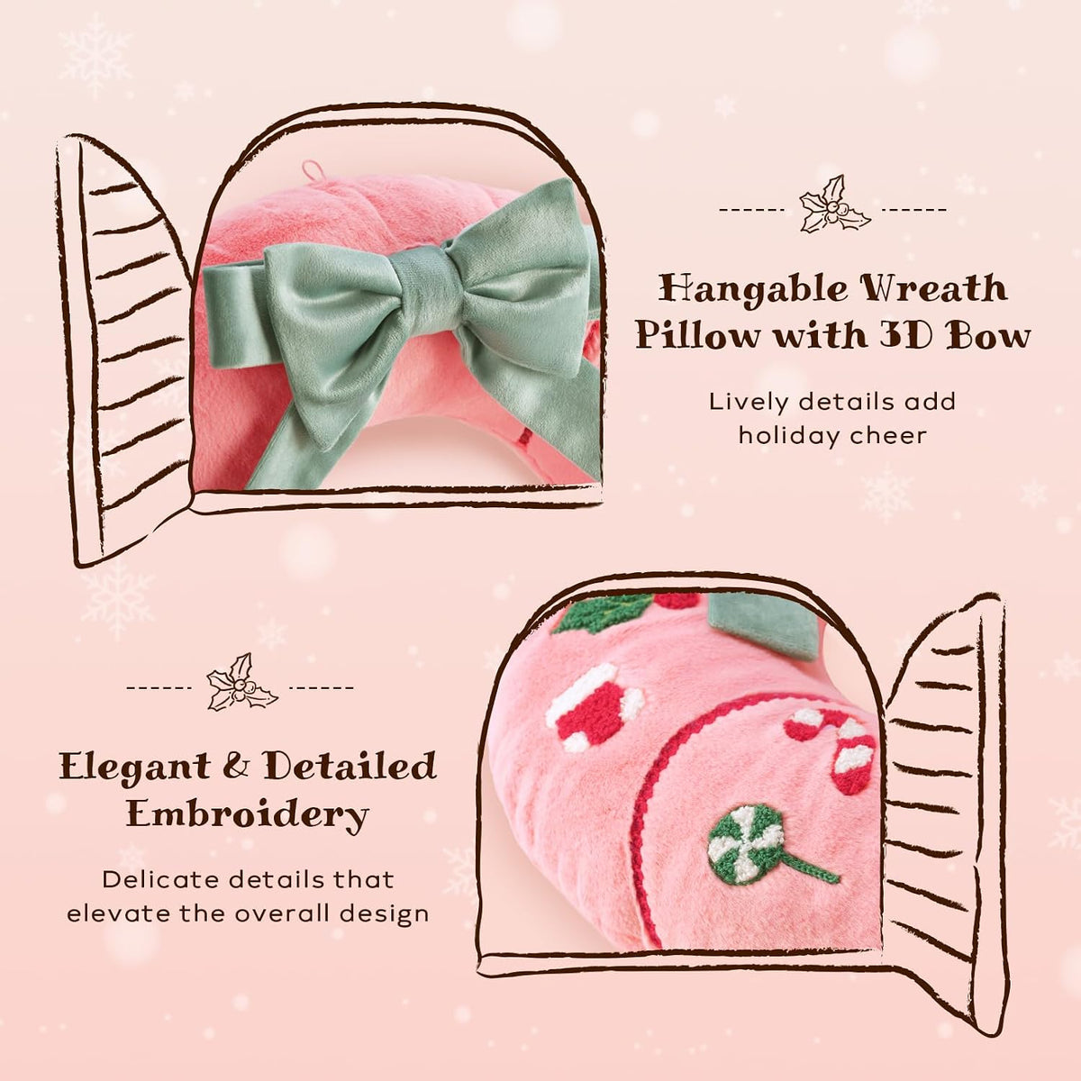 Ashler Christmas Wreath Pillow - Xmas Wreath Shaped Throw Pillow with 3D Bow, Soft Short Plush & Embroidery Patterns, Pink Decorative Cushion for Bedroom Sofa Party Decor, 16.5x16.5IN