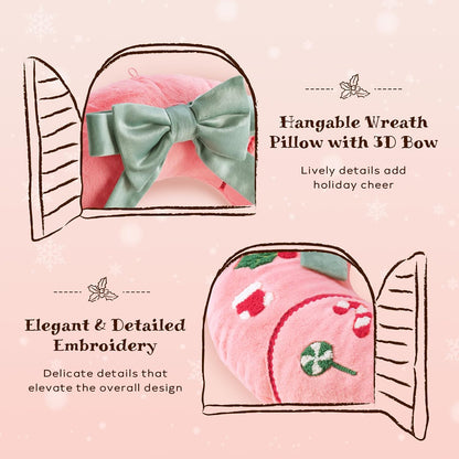 Ashler Christmas Wreath Pillow - Xmas Wreath Shaped Throw Pillow with 3D Bow, Soft Short Plush & Embroidery Patterns, Pink Decorative Cushion for Bedroom Sofa Party Decor, 16.5x16.5IN