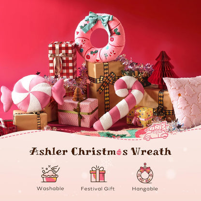 Ashler Christmas Wreath Pillow - Xmas Wreath Shaped Throw Pillow with 3D Bow, Soft Short Plush & Embroidery Patterns, Pink Decorative Cushion for Bedroom Sofa Party Decor, 16.5x16.5IN
