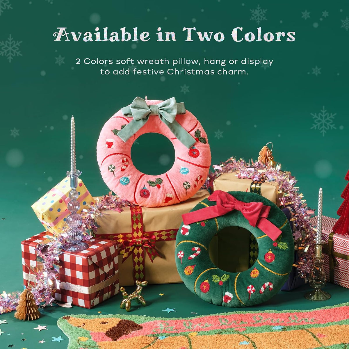 Ashler Christmas Wreath Pillow - Xmas Wreath Shaped Throw Pillow with 3D Bow, Soft Short Plush & Embroidery Patterns, Pink Decorative Cushion for Bedroom Sofa Party Decor, 16.5x16.5IN