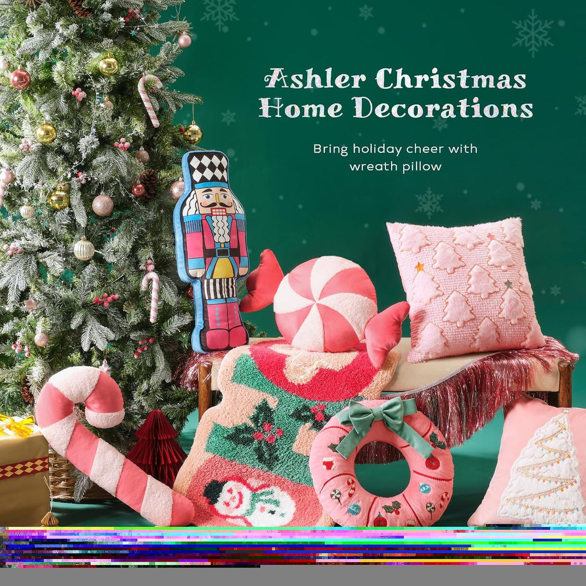 Ashler Christmas Wreath Pillow - Xmas Wreath Shaped Throw Pillow with 3D Bow, Soft Short Plush & Embroidery Patterns, Pink Decorative Cushion for Bedroom Sofa Party Decor, 16.5x16.5IN