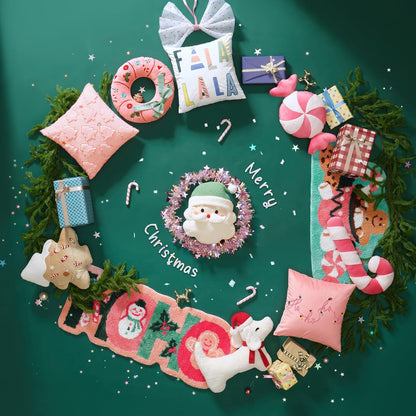 Ashler Christmas Wreath Pillow - Xmas Wreath Shaped Throw Pillow with 3D Bow, Soft Short Plush & Embroidery Patterns, Pink Decorative Cushion for Bedroom Sofa Party Decor, 16.5x16.5IN