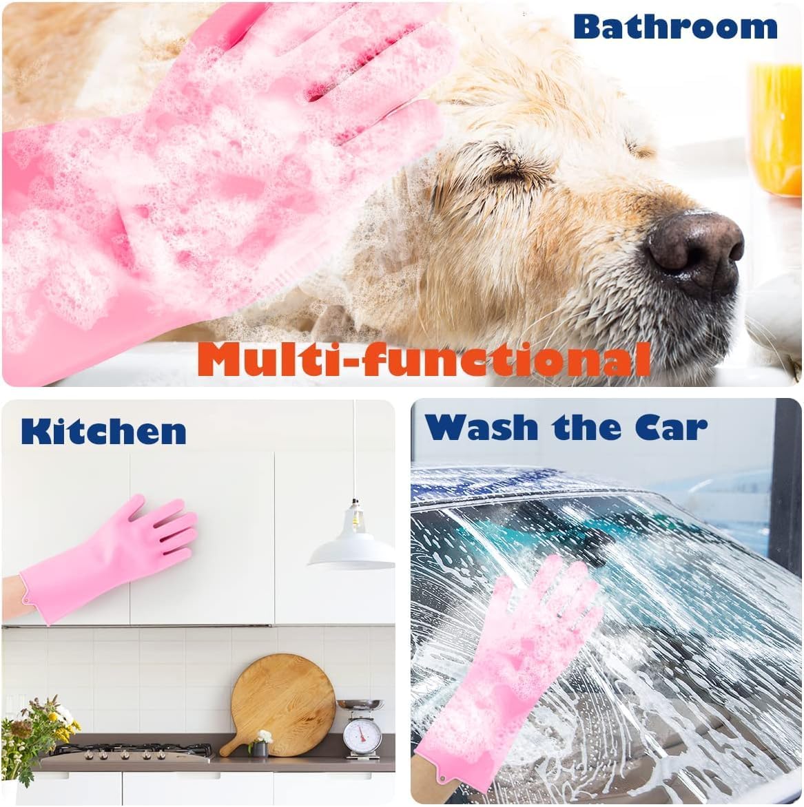 Pet Grooming Gloves, Silicone Gloves Dog Bathing Supplies Hair Removal Gloves, High Density Teeth Bathing Shampoo Shedding Bath Brush Scrubber Washing for DOD and Cat (Pink)