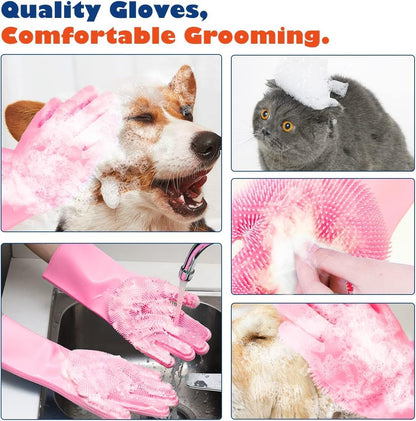 Pet Grooming Gloves, Silicone Gloves Dog Bathing Supplies Hair Removal Gloves, High Density Teeth Bathing Shampoo Shedding Bath Brush Scrubber Washing for DOD and Cat (Pink)