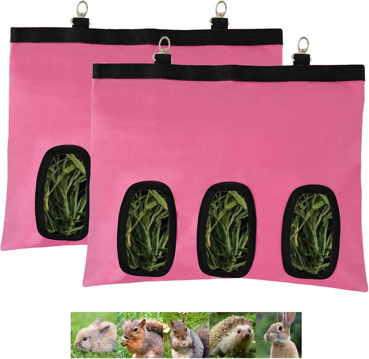 2Pcs Rabbit Hay Feeder Bag, Bunny Guinea Pig Hay Feeder Holder Bag for Rabbits, Hanging Hay Package with Back Hooks, Dispensers Small Animal Food Storage for Rabbits Bunny 13×11In(Pink, 3 Windows)