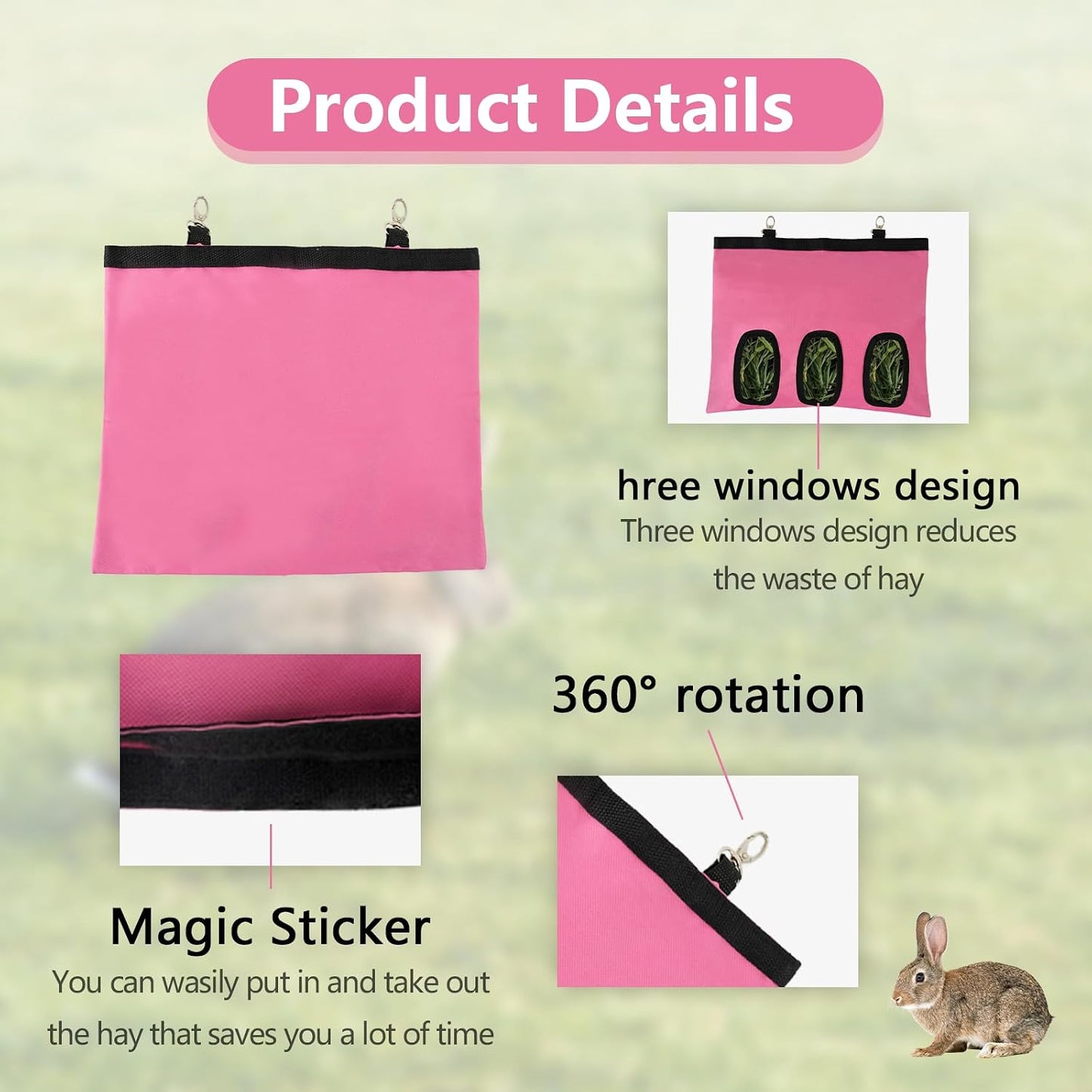 2Pcs Rabbit Hay Feeder Bag, Bunny Guinea Pig Hay Feeder Holder Bag for Rabbits, Hanging Hay Package with Back Hooks, Dispensers Small Animal Food Storage for Rabbits Bunny 13×11In(Pink, 3 Windows)