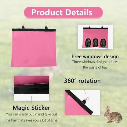 2Pcs Rabbit Hay Feeder Bag, Bunny Guinea Pig Hay Feeder Holder Bag for Rabbits, Hanging Hay Package with Back Hooks, Dispensers Small Animal Food Storage for Rabbits Bunny 13×11In(Pink, 3 Windows)