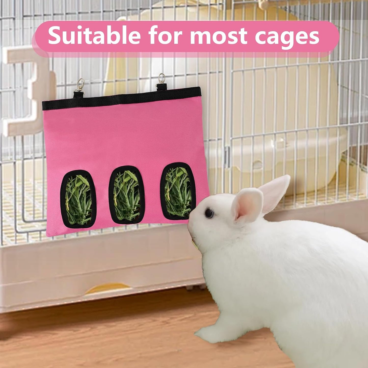 2Pcs Rabbit Hay Feeder Bag, Bunny Guinea Pig Hay Feeder Holder Bag for Rabbits, Hanging Hay Package with Back Hooks, Dispensers Small Animal Food Storage for Rabbits Bunny 13×11In(Pink, 3 Windows)