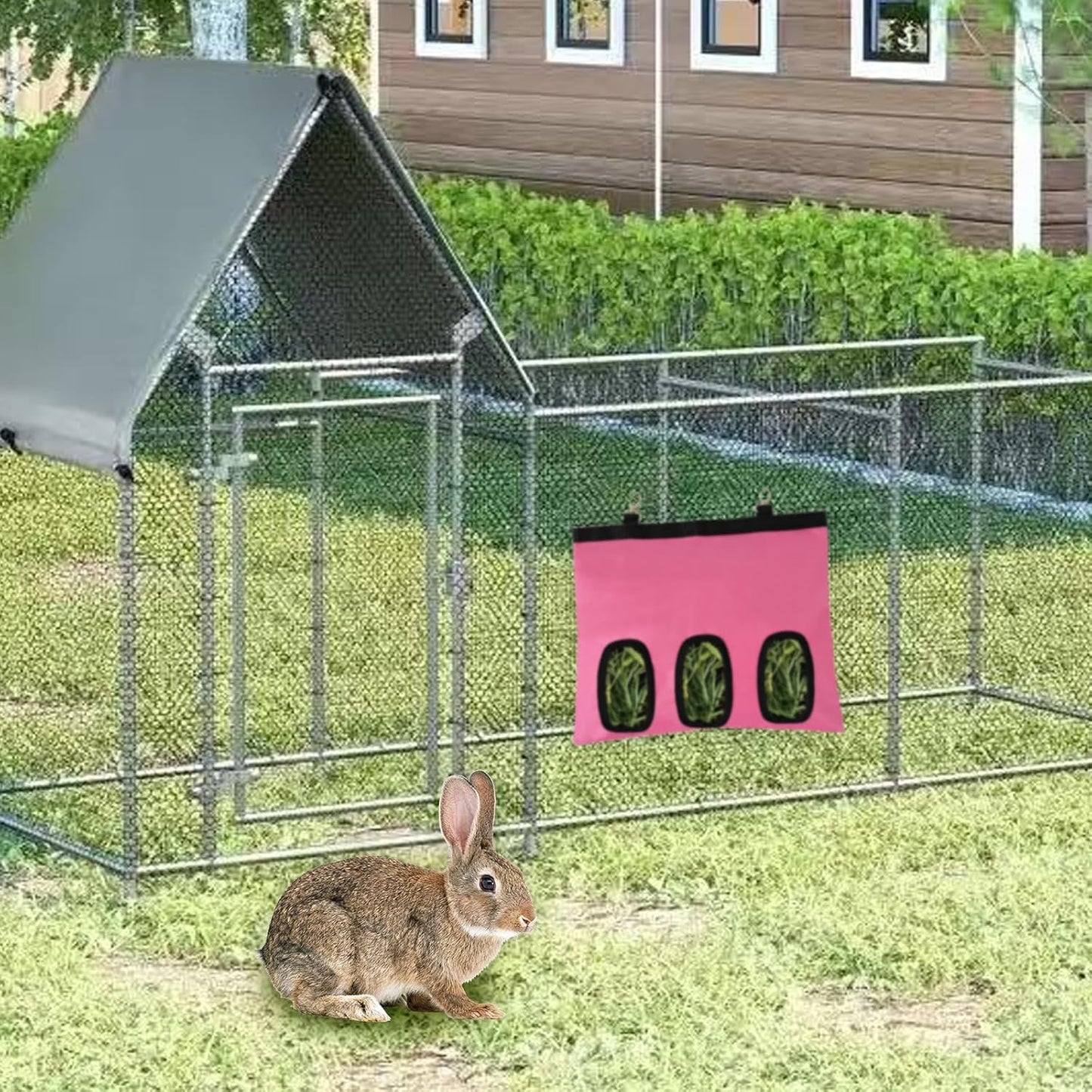 2Pcs Rabbit Hay Feeder Bag, Bunny Guinea Pig Hay Feeder Holder Bag for Rabbits, Hanging Hay Package with Back Hooks, Dispensers Small Animal Food Storage for Rabbits Bunny 13×11In(Pink, 3 Windows)