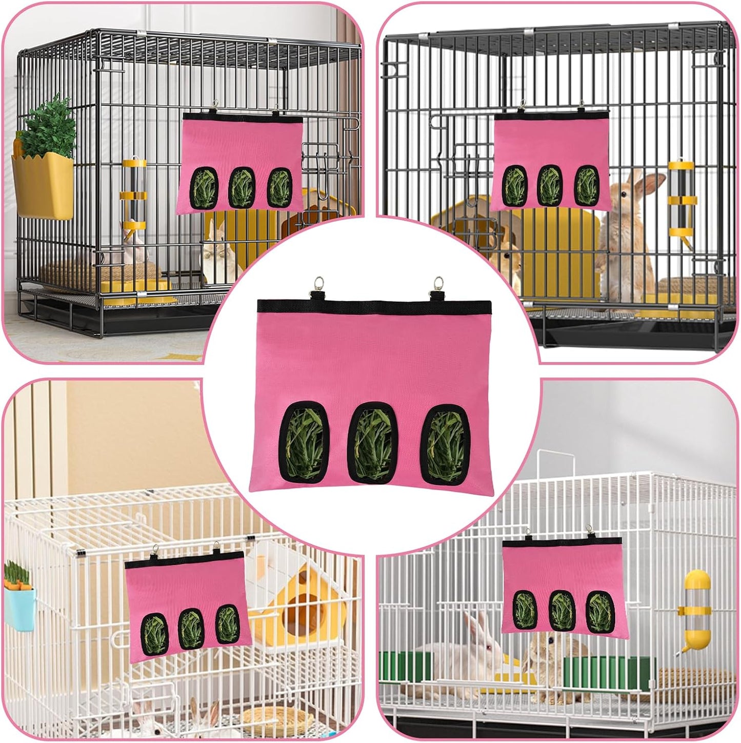 2Pcs Rabbit Hay Feeder Bag, Bunny Guinea Pig Hay Feeder Holder Bag for Rabbits, Hanging Hay Package with Back Hooks, Dispensers Small Animal Food Storage for Rabbits Bunny 13×11In(Pink, 3 Windows)