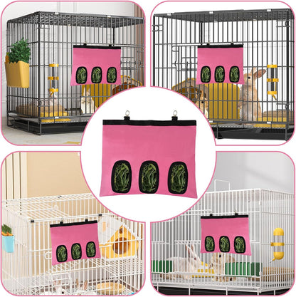 2Pcs Rabbit Hay Feeder Bag, Bunny Guinea Pig Hay Feeder Holder Bag for Rabbits, Hanging Hay Package with Back Hooks, Dispensers Small Animal Food Storage for Rabbits Bunny 13×11In(Pink, 3 Windows)