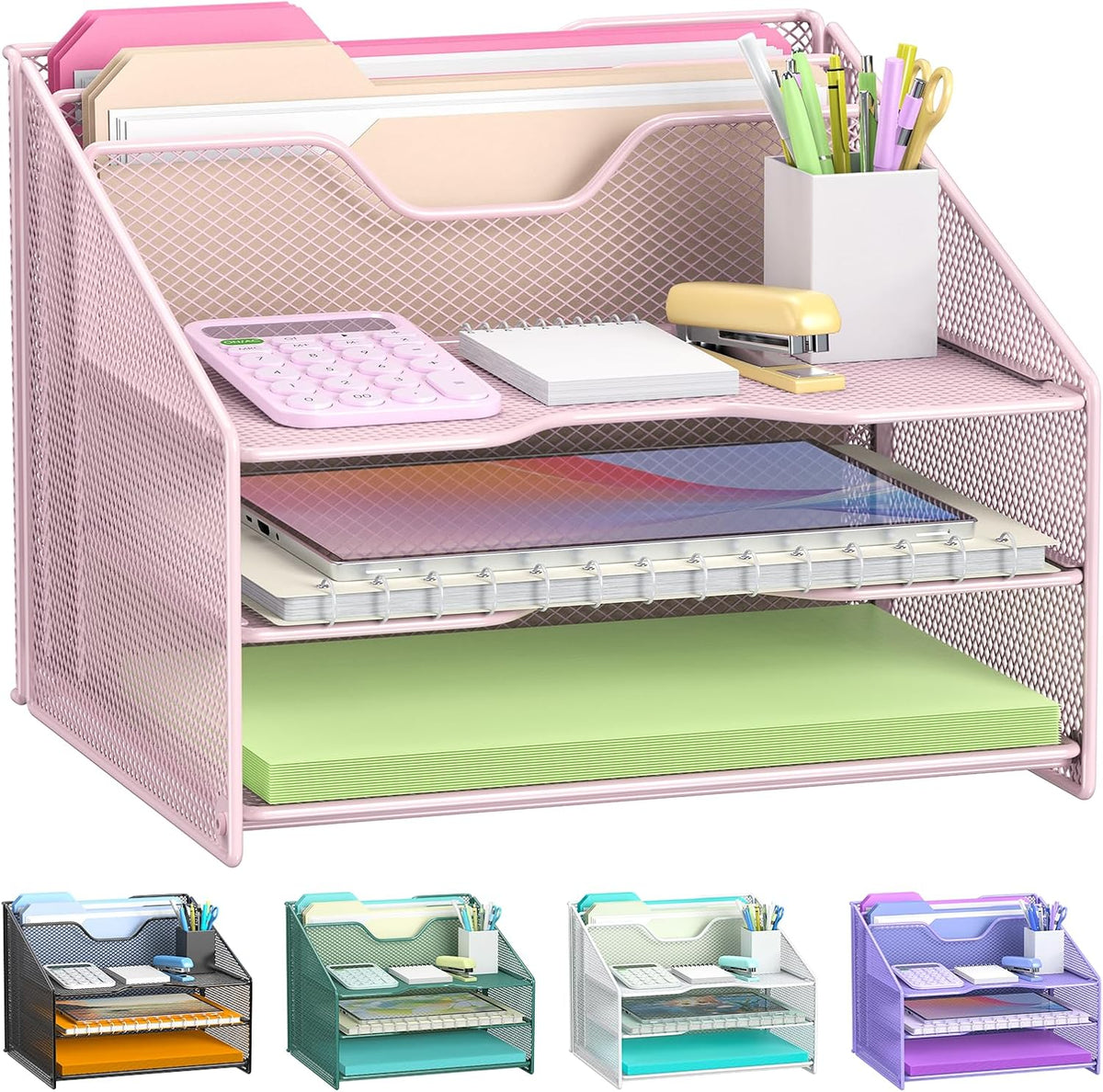 Pink Desk File Organizer, Mesh Letter File Folder Holder with 3 Paper Trays and 2 Vertical Upright Section, for Office Supplies, Desk Accessories & Workspace, Pink
