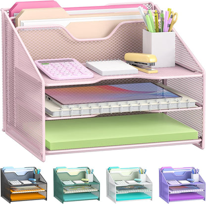Pink Desk File Organizer, Mesh Letter File Folder Holder with 3 Paper Trays and 2 Vertical Upright Section, for Office Supplies, Desk Accessories & Workspace, Pink