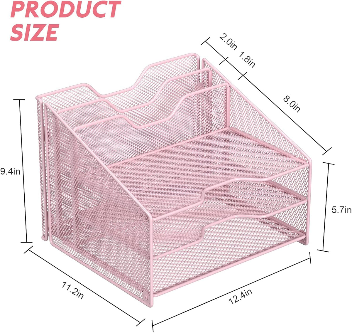Pink Desk File Organizer, Mesh Letter File Folder Holder with 3 Paper Trays and 2 Vertical Upright Section, for Office Supplies, Desk Accessories & Workspace, Pink