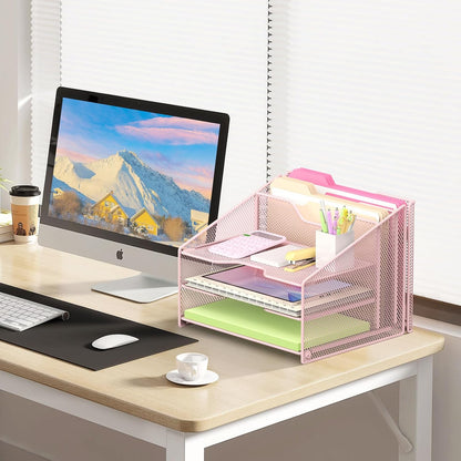 Pink Desk File Organizer, Mesh Letter File Folder Holder with 3 Paper Trays and 2 Vertical Upright Section, for Office Supplies, Desk Accessories & Workspace, Pink