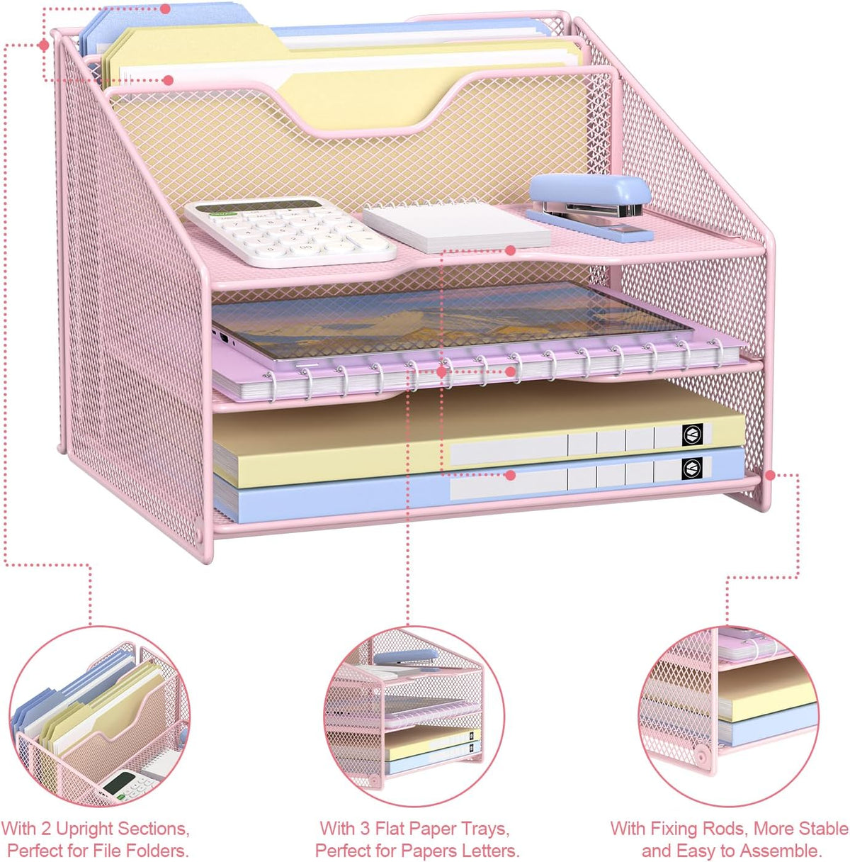 Pink Desk File Organizer, Mesh Letter File Folder Holder with 3 Paper Trays and 2 Vertical Upright Section, for Office Supplies, Desk Accessories & Workspace, Pink
