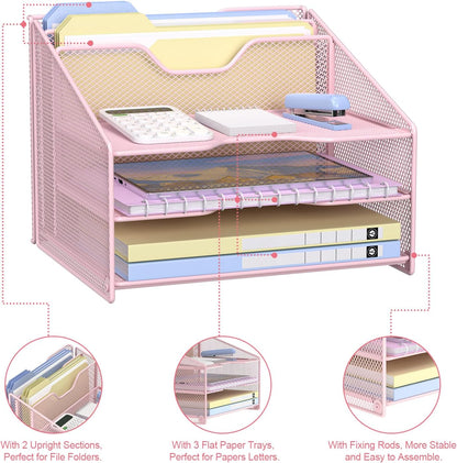 Pink Desk File Organizer, Mesh Letter File Folder Holder with 3 Paper Trays and 2 Vertical Upright Section, for Office Supplies, Desk Accessories & Workspace, Pink