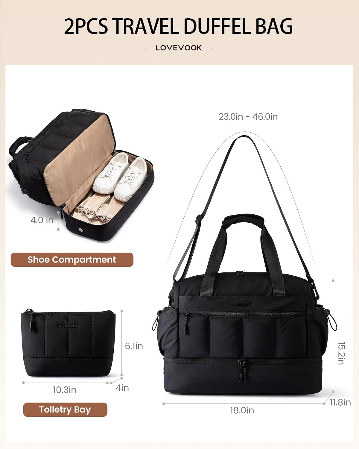 Travel Duffel Bag, Gym Bag for Women, Large Weekender Overnight Bags with Shoe Compartment, 38L Carry on Gym Hospital Bag with Wet Pocket, 2 Pcs