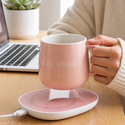 Coffee Mug Warmer with Ceramic Mug, Electric Cup Warmer for Desk, Auto Shut Off, Pink Cozy Vibes
