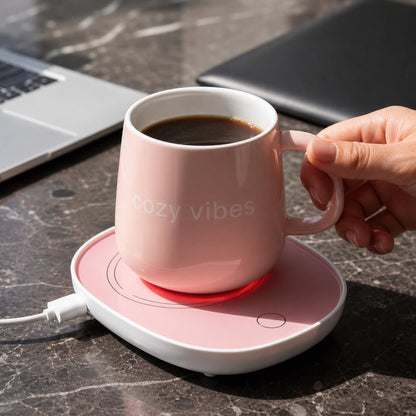 Coffee Mug Warmer with Ceramic Mug, Electric Cup Warmer for Desk, Auto Shut Off, Pink Cozy Vibes