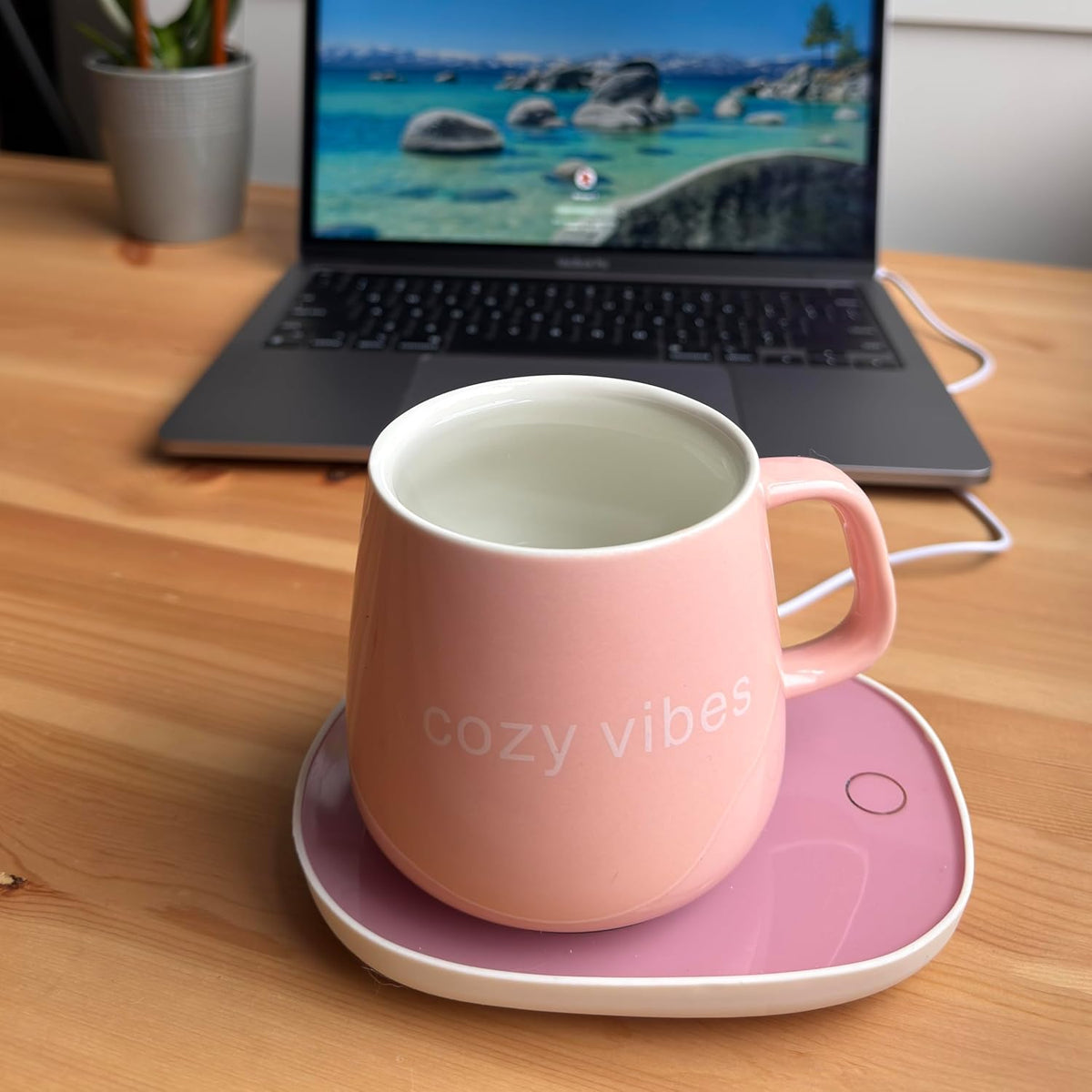 Coffee Mug Warmer with Ceramic Mug, Electric Cup Warmer for Desk, Auto Shut Off, Pink Cozy Vibes