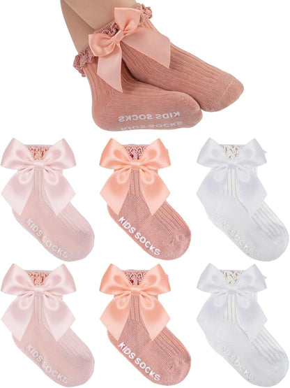 6 Pairs Baby Girl Ruffle Socks with Bow Non Slip Grippy Cotton Frilly Crew Fancy Dress Socks Newborn Infant Toddler