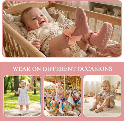 6 Pairs Baby Girl Ruffle Socks with Bow Non Slip Grippy Cotton Frilly Crew Fancy Dress Socks Newborn Infant Toddler