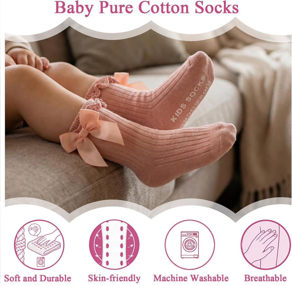 6 Pairs Baby Girl Ruffle Socks with Bow Non Slip Grippy Cotton Frilly Crew Fancy Dress Socks Newborn Infant Toddler